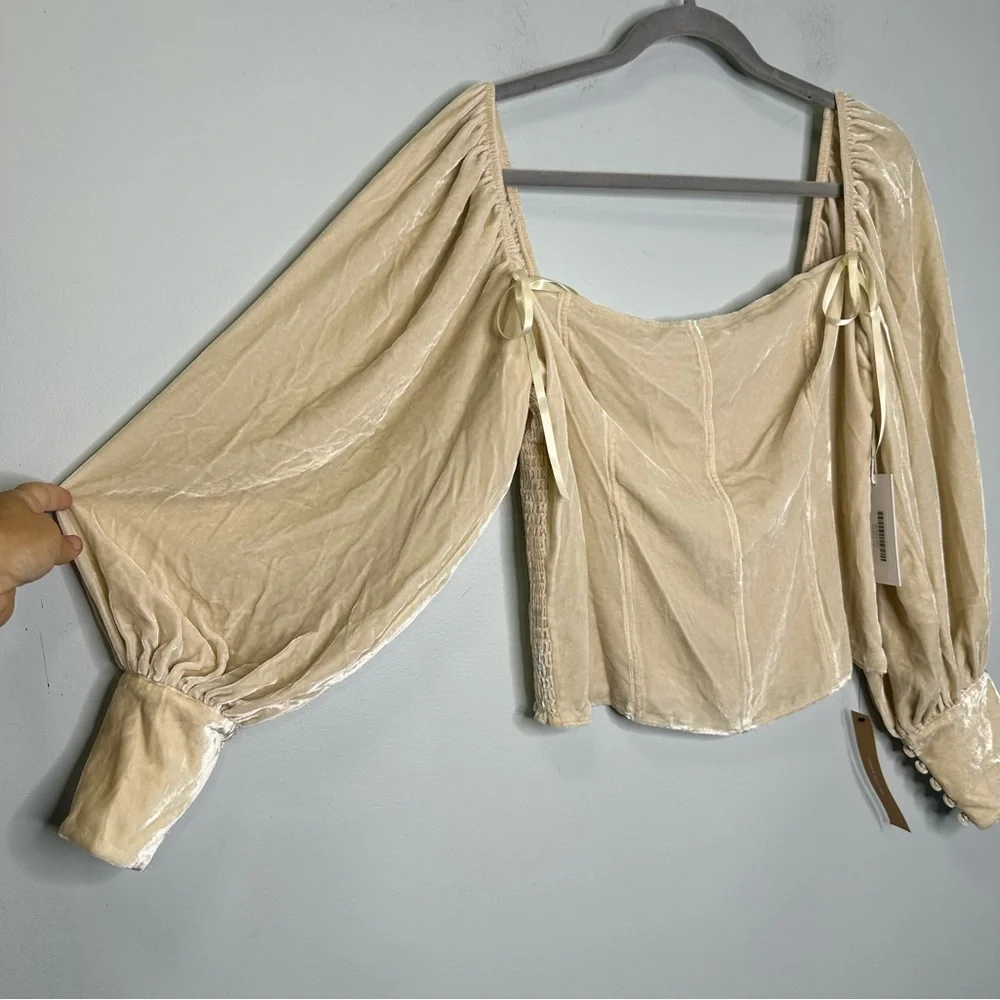 Reformation Julietta Cream Square-Neck Puff-Sleeve Velvet Corset Top